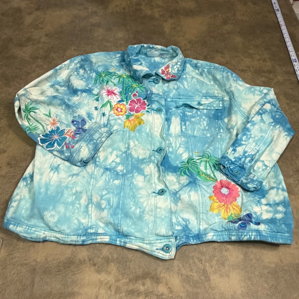 Diane Gilman Denim Jacket Womens 3X Blue Tie Dye Embroidered Tropical Sequin DG2